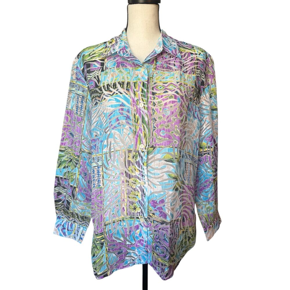 Choices Women's L Mirasol Floral Mix Linen Transparent Button Down Long‎ Sleeve
